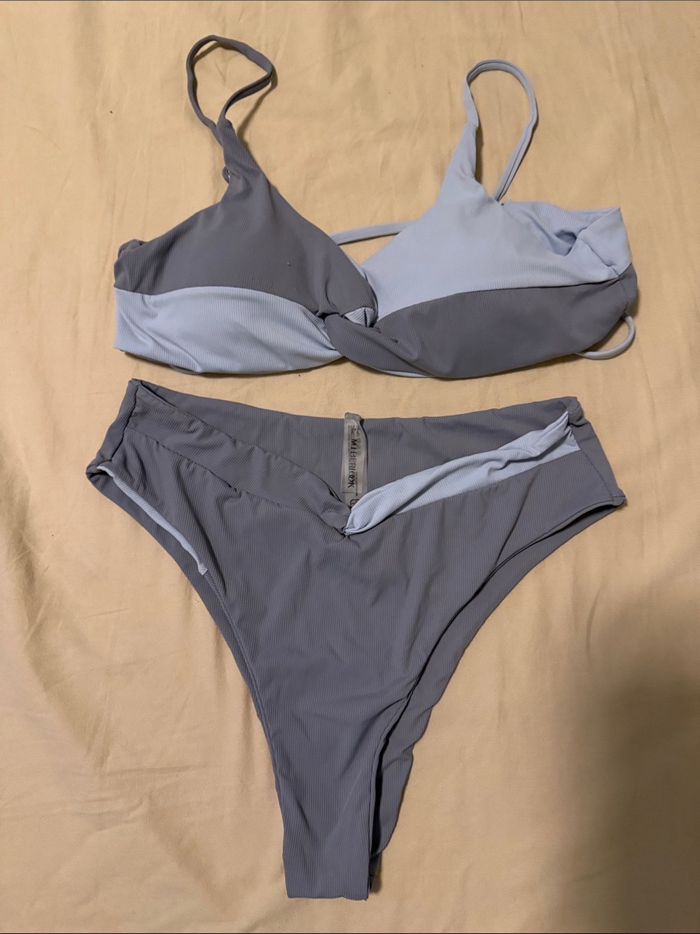 Colorblock Ribbed Bikini Set in Light Blue and Slate